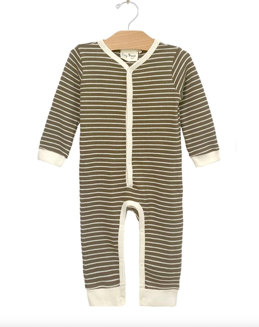 City Mouse - Organic Henley Snap Romper in Olive Stripes