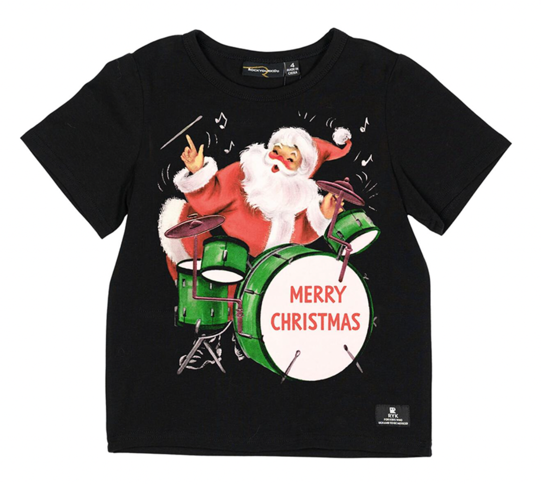 Rock Your Kid - Santa Drummer Tee in Black