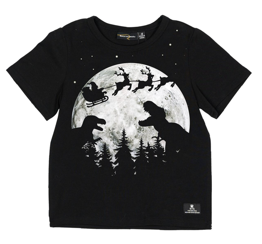 Rock Your Kid - Dino Sleigh Holiday Tee in Black