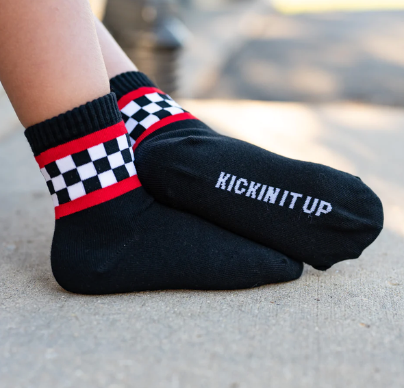 Kickin It Up Socks - Braxton Black with Black/White Checks and Red Stripes