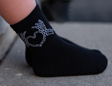 Kickin It Up Socks - Black with Skeleton Heart Hands