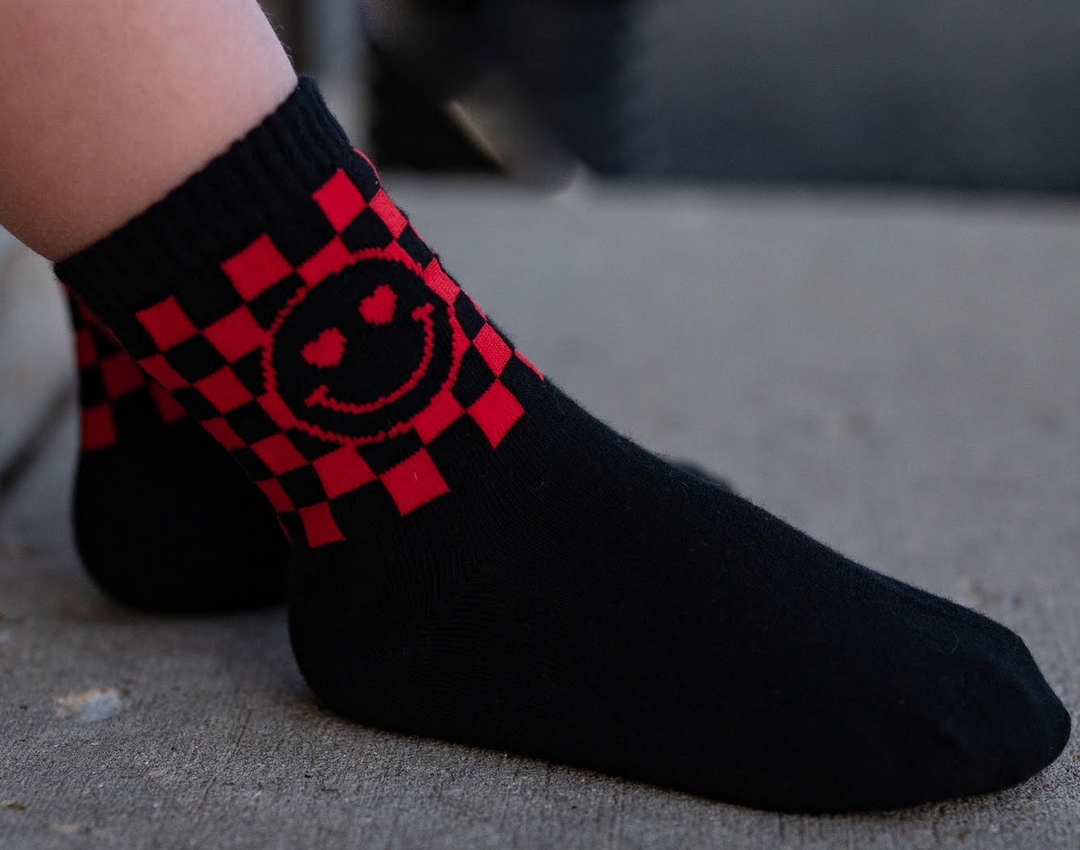 Kickin It Up Socks - Black with Red Checks and Heart Eyes