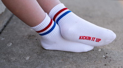 Kickin It Up Socks - White w/ Red and Blue Stripes