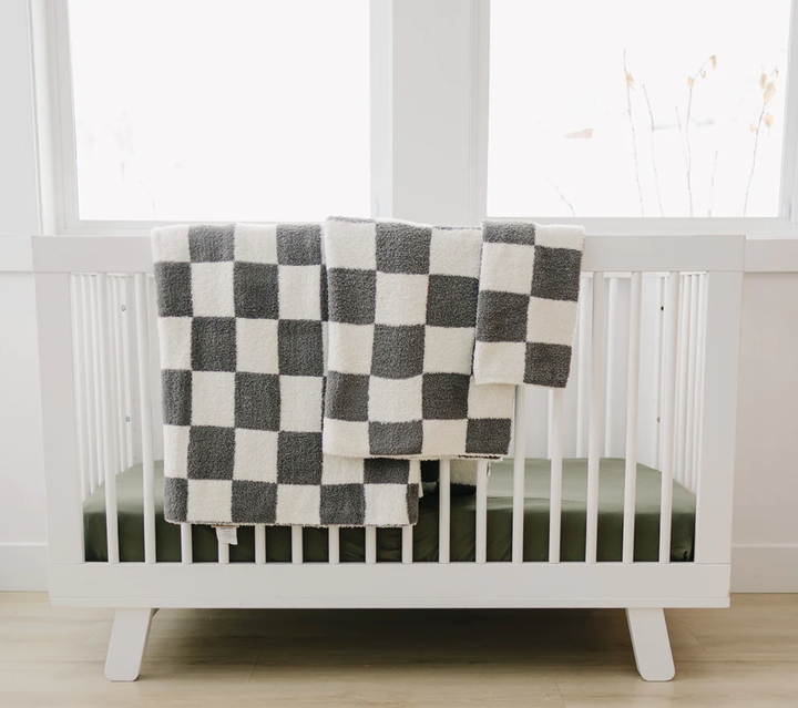 Mebie Baby - Plush Baby Blanket in Charcoal Checkers 30"x40"