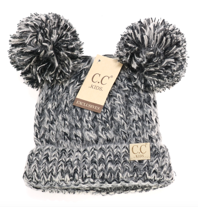 C.C. Beanie - Kids Multi-Tone Double Pom Beanie in Black
