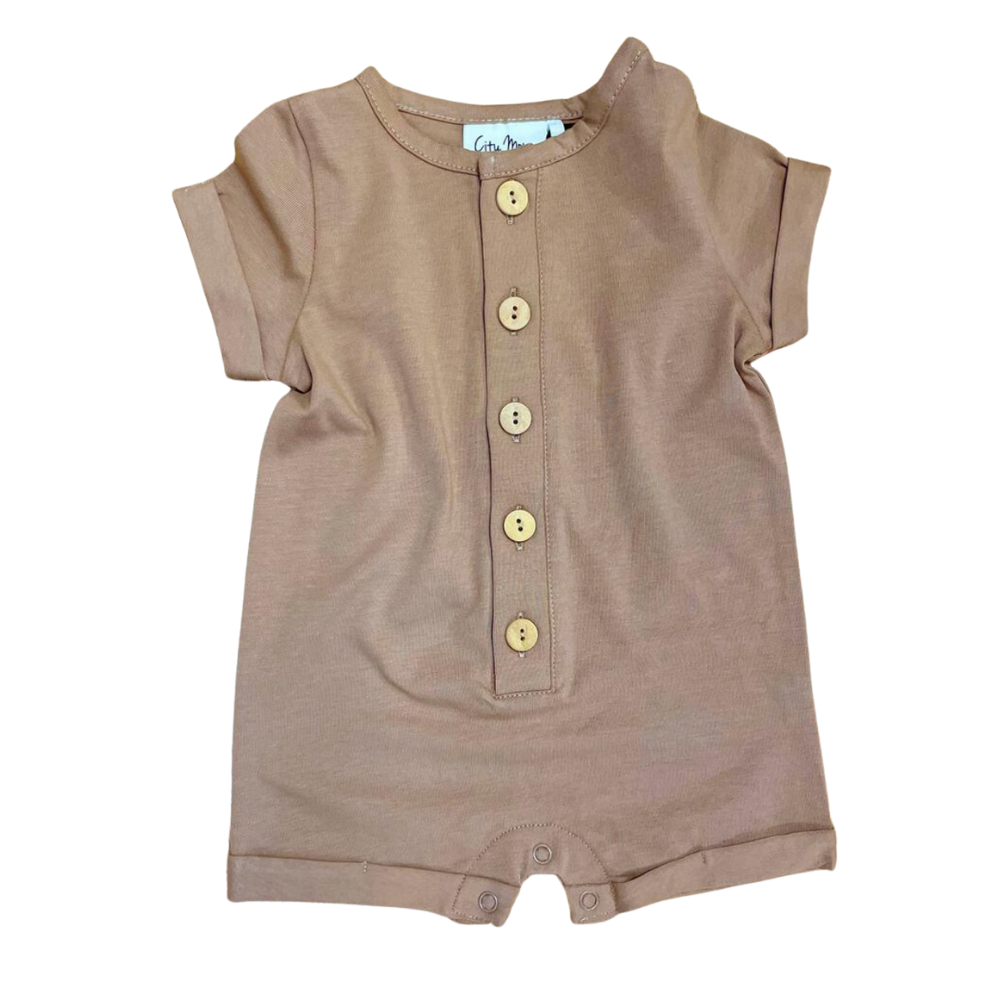 City Mouse - Shorts Button Romper in Caramel