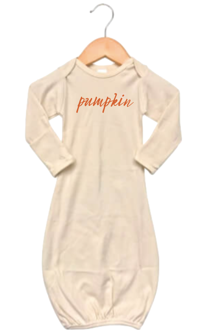 Pumpkin Long-Sleeve Baby Gown in Oatmeal